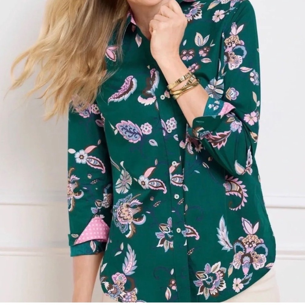 Talbots Plus Teal Green Floral Paisley Cotton Button Down Shirt 2X